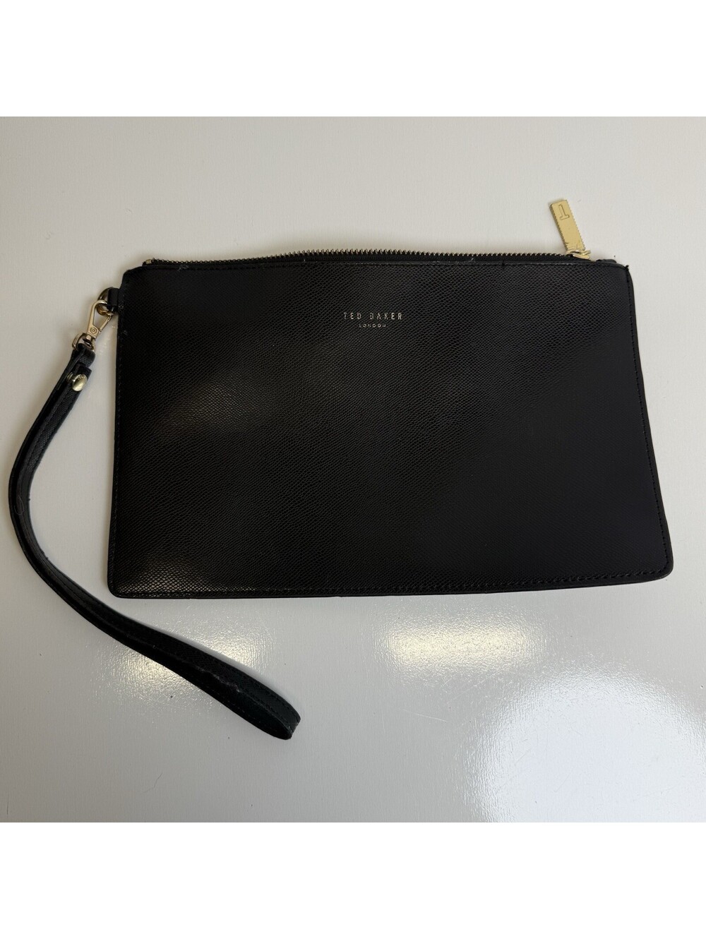 Ted Baker Wristlet London Black Saffiano Leather Zip Clutch Bag Gold Hardware